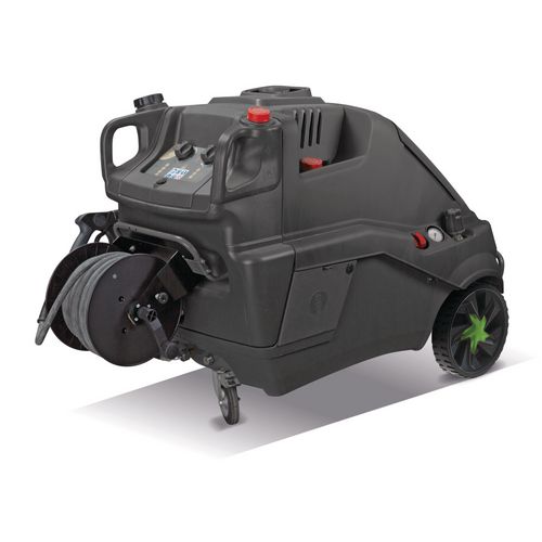 Robustes Chassis mit FrontstoßstangeBequem manövrierbar über ergonomischen Handgriff, zwei große Räder und eine Lenkrolle mit Feststellbremse