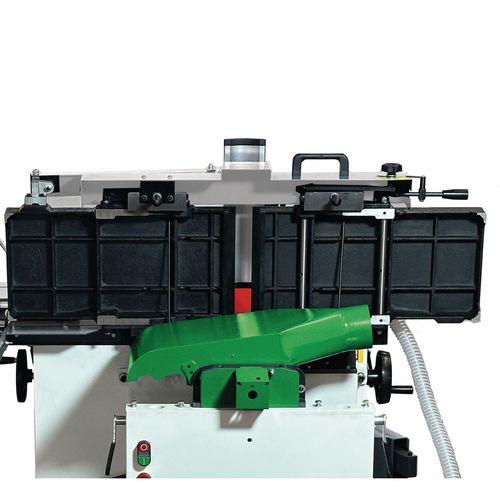 Schnelles und bequemes Umrüsten zum Dickenhobeln durch gleichzeitiges Hochklappen der Abrichttische 