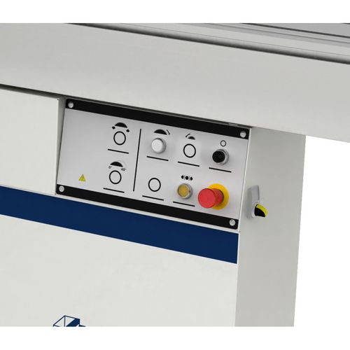 Manuelle Höhenverstellung und Schwenkung des Sägeaggregats per HandradZwei Schnittgeschwindigkeiten über Inverter schaltbarEin/Ausschalter für die Mikrosprüheinrichtung